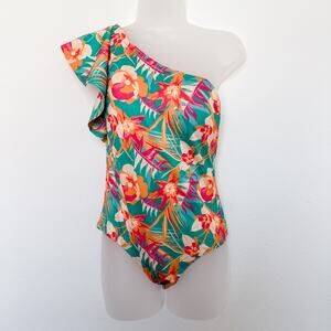 NWT Maree Maree One Shoulder Floral Print Ruffle Swimsuit‎ US 6 Tropical Resort